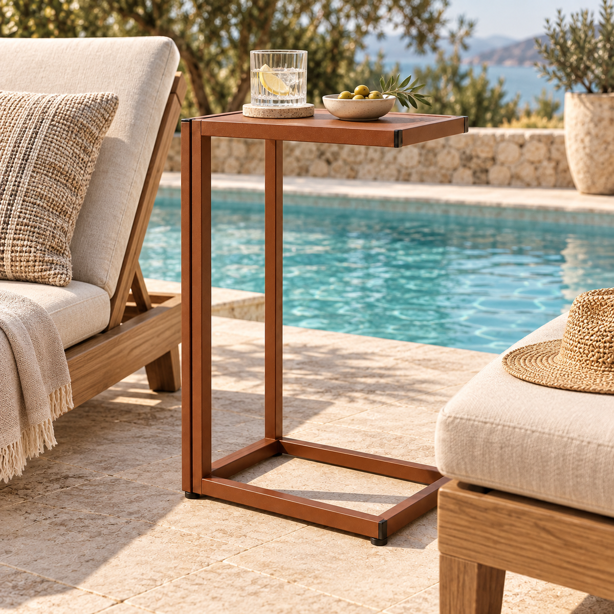 Table de transat Calanque – Vue piscine avec les 3 finitions